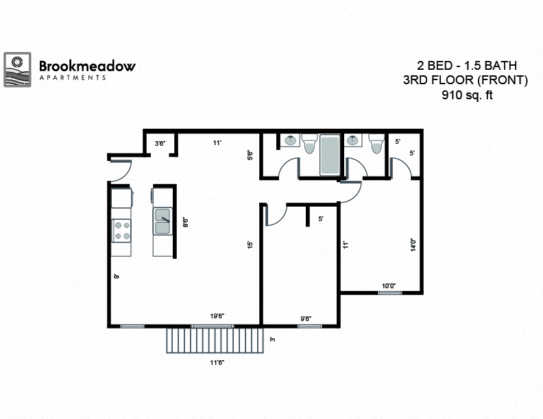 Floor plan for 2 beds, 1.5 baths, 910 sqft